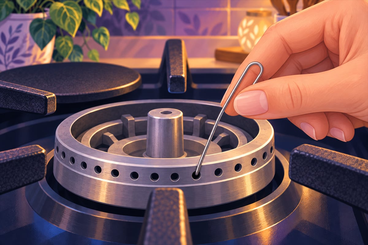 A straightened paper clip clearing a tiny hole on a gas burner.