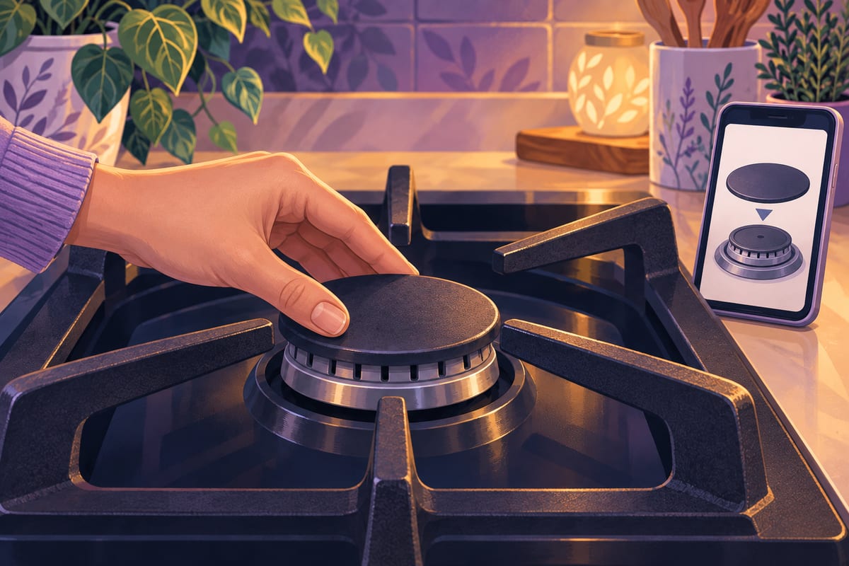 A round cap placed flat and centered on a gas burner.