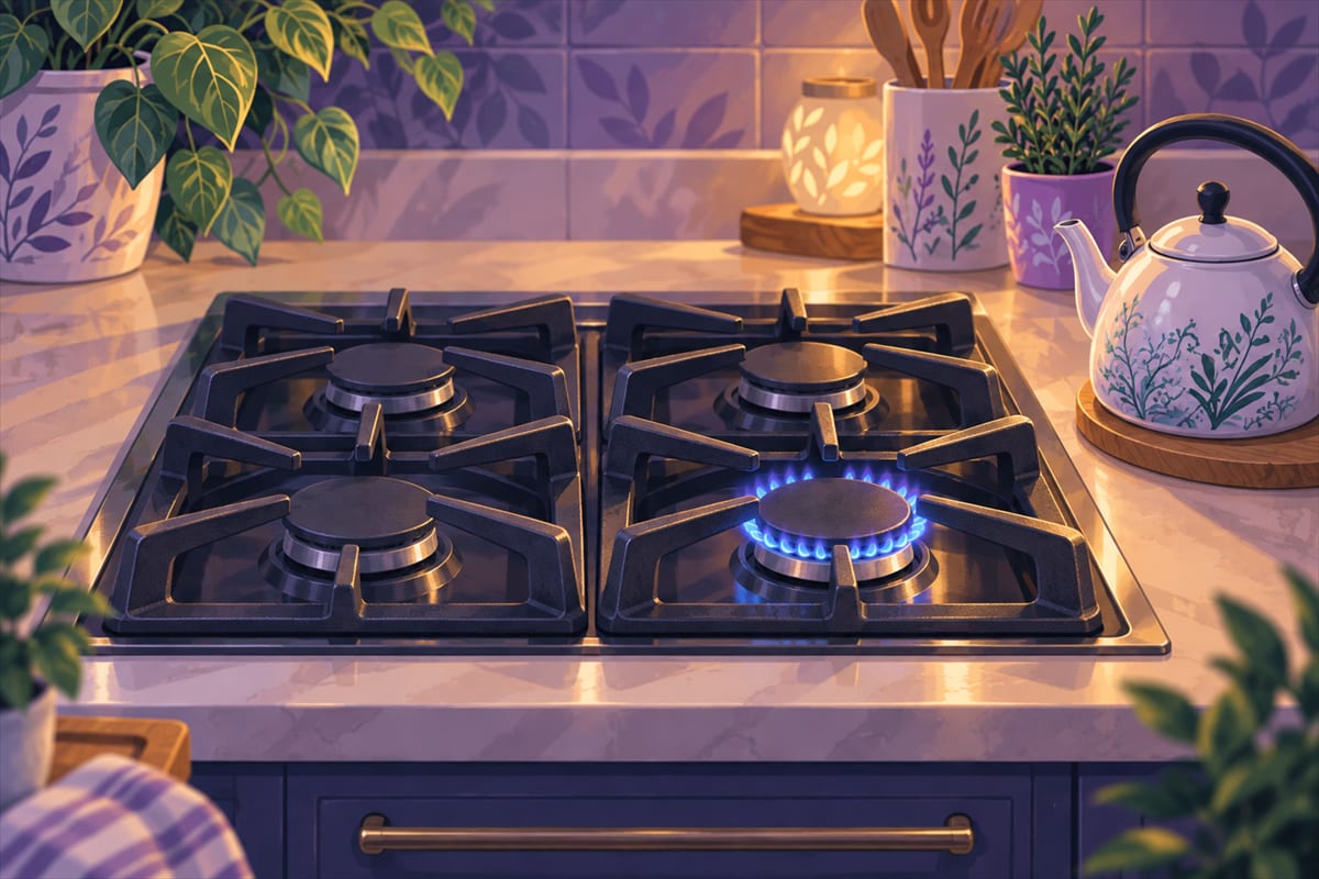 A clean gas stove with one burner lit blue and a kettle beside it.