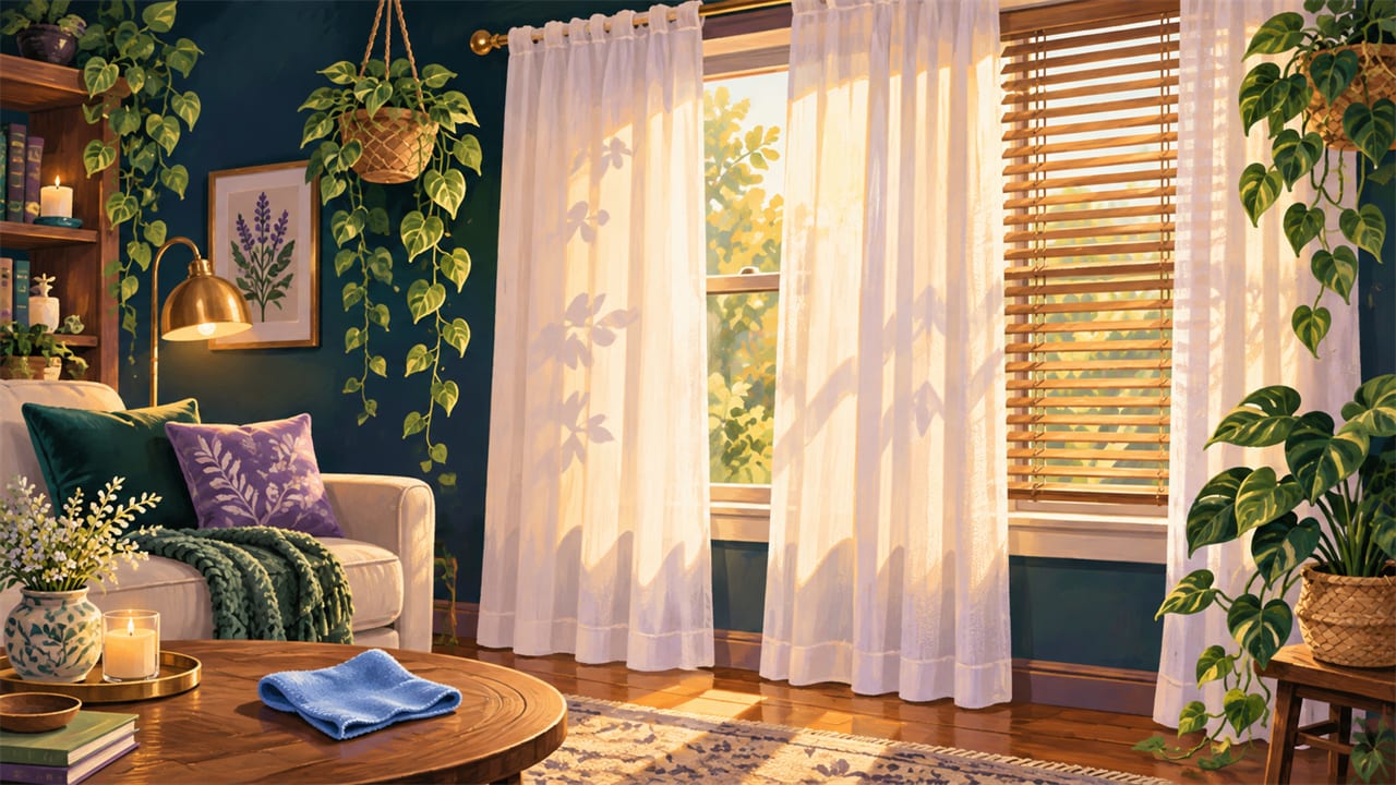 Cream curtains beside wooden blinds in a sunlit living room.