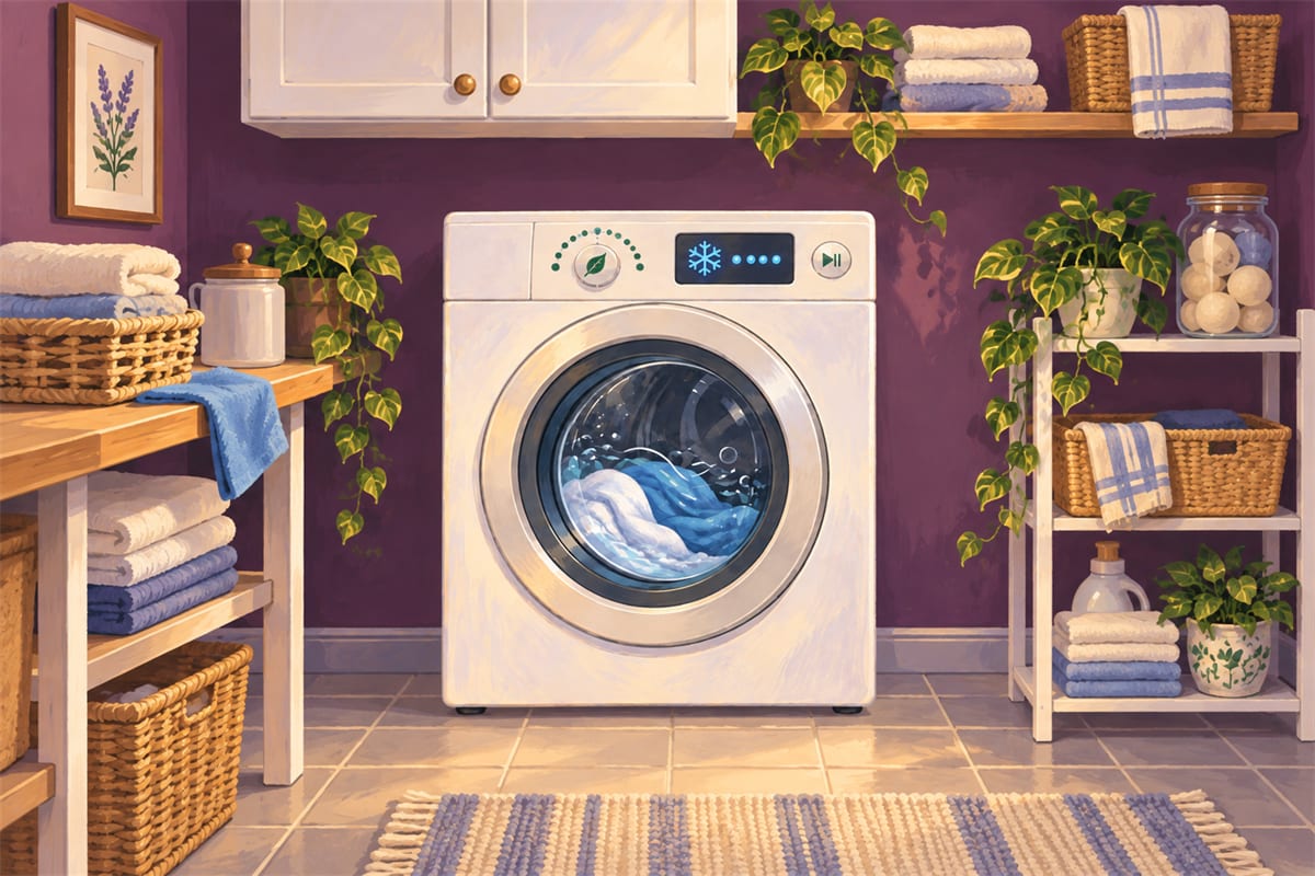 Fabric inside a washing machine with a cold-cycle symbol on its display.