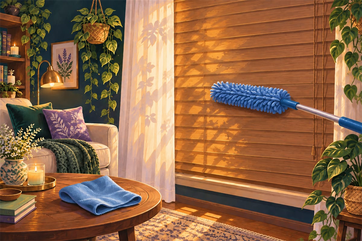 Blue microfiber duster touching closed wooden blind slats.