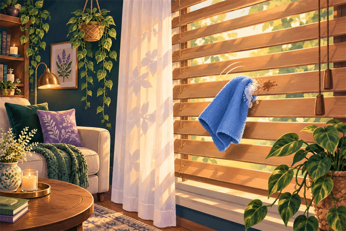 Blue cloth with suds on a stained wooden blind slat.