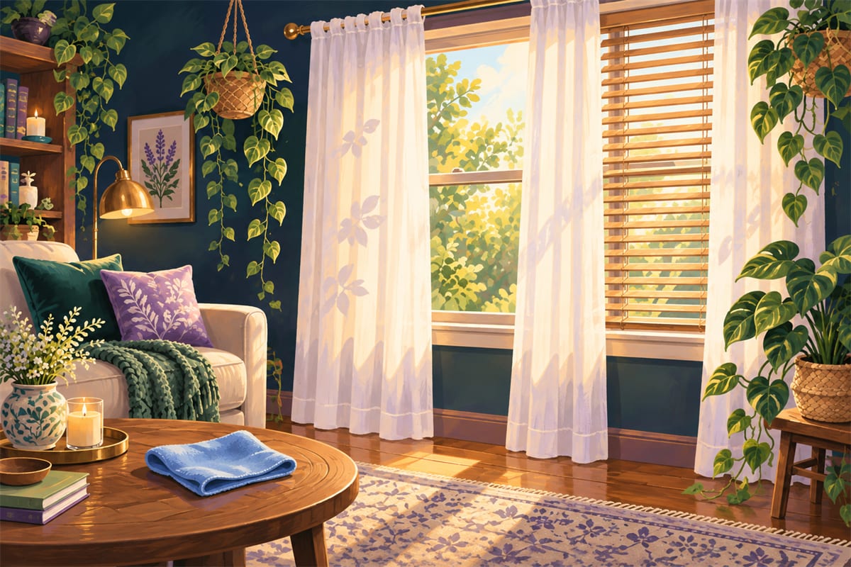 Clean curtains and wooden blinds at a bright living room window.