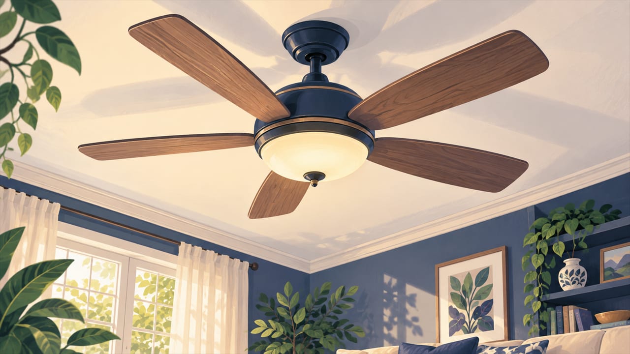 A clean ceiling fan with a light fixture, in a bright living room with blue walls.