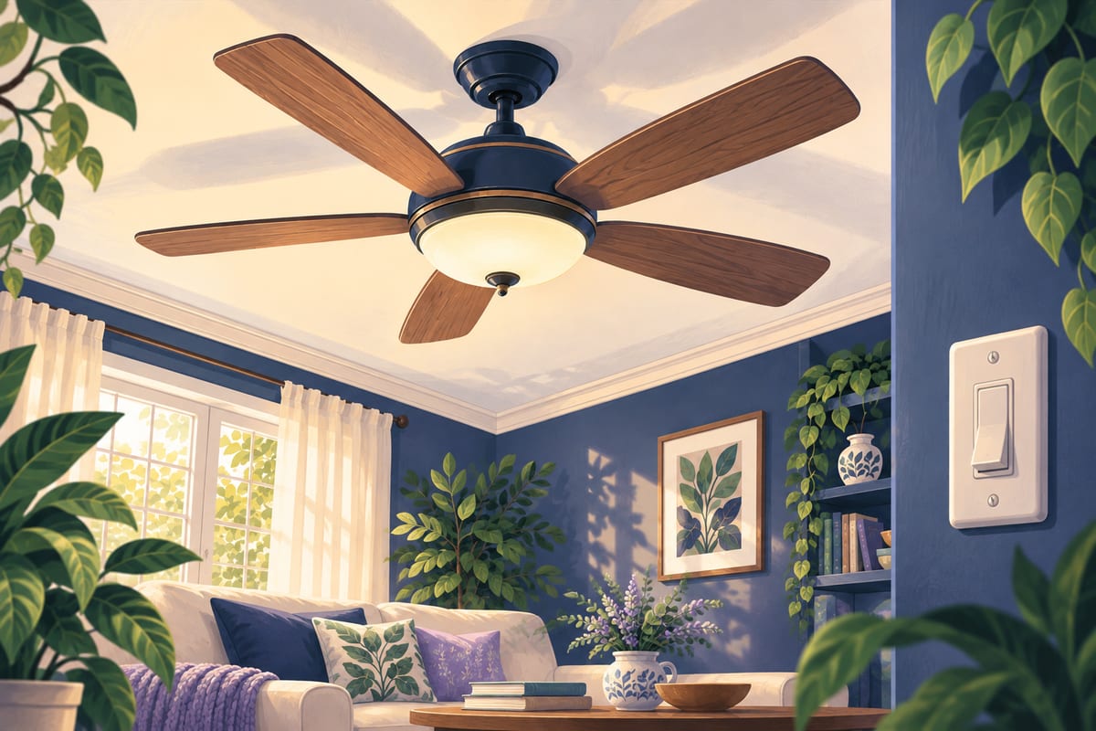 A ceiling fan with its blades still, and the wall switch beside it turned off.