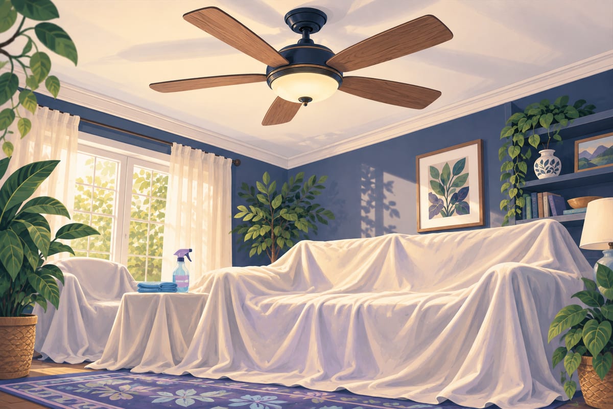 White sheets spread over the sofa, chair and table beneath a ceiling fan.
