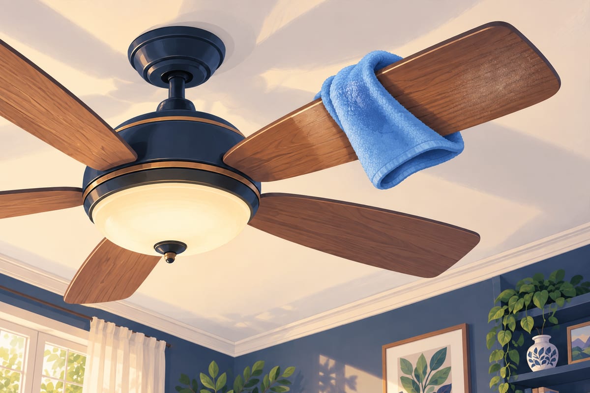 A blue cloth wiping along a ceiling fan blade.