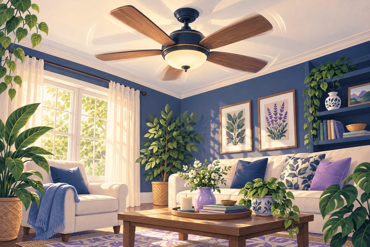 A clean ceiling fan turning quietly over a tidy living room.