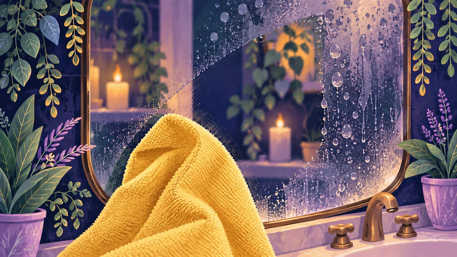 A cloth mid-wipe across a bathroom mirror