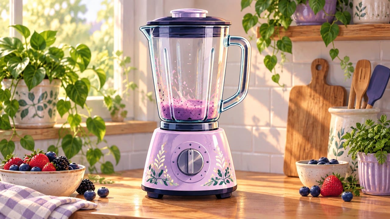 A lavender blender on a sunny kitchen counter, its jar holding a little leftover berry smoothie, with a bowl of berries nearby.
