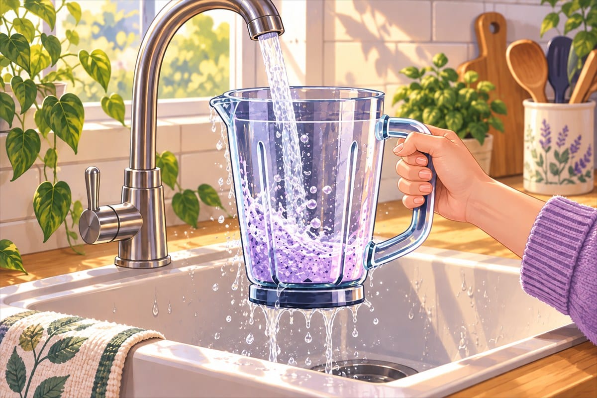 A blender jar with its blade piece removed held under a running kitchen faucet, warm water swirling through it.