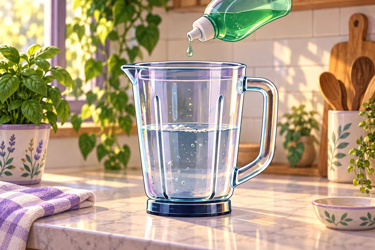 A drop of green dish soap falling into a blender jar half full of warm water.
