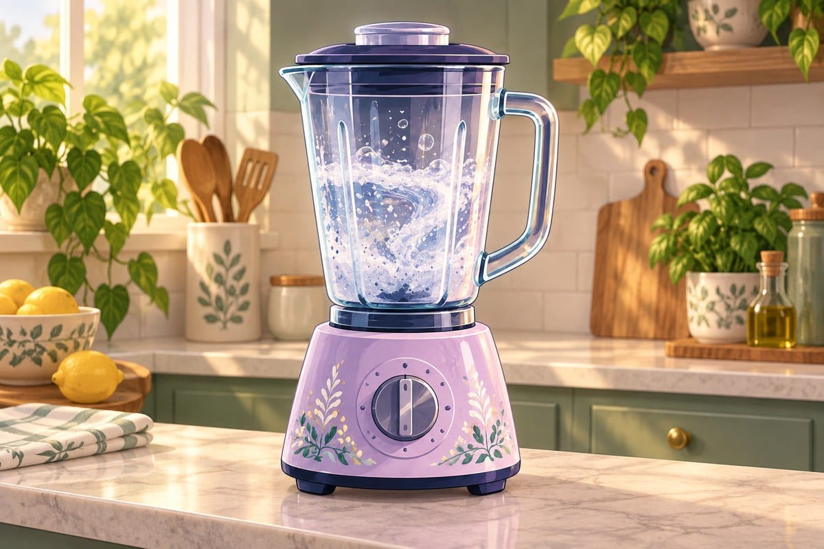 A lavender blender with the lid on tight, soapy water swirling inside the jar.