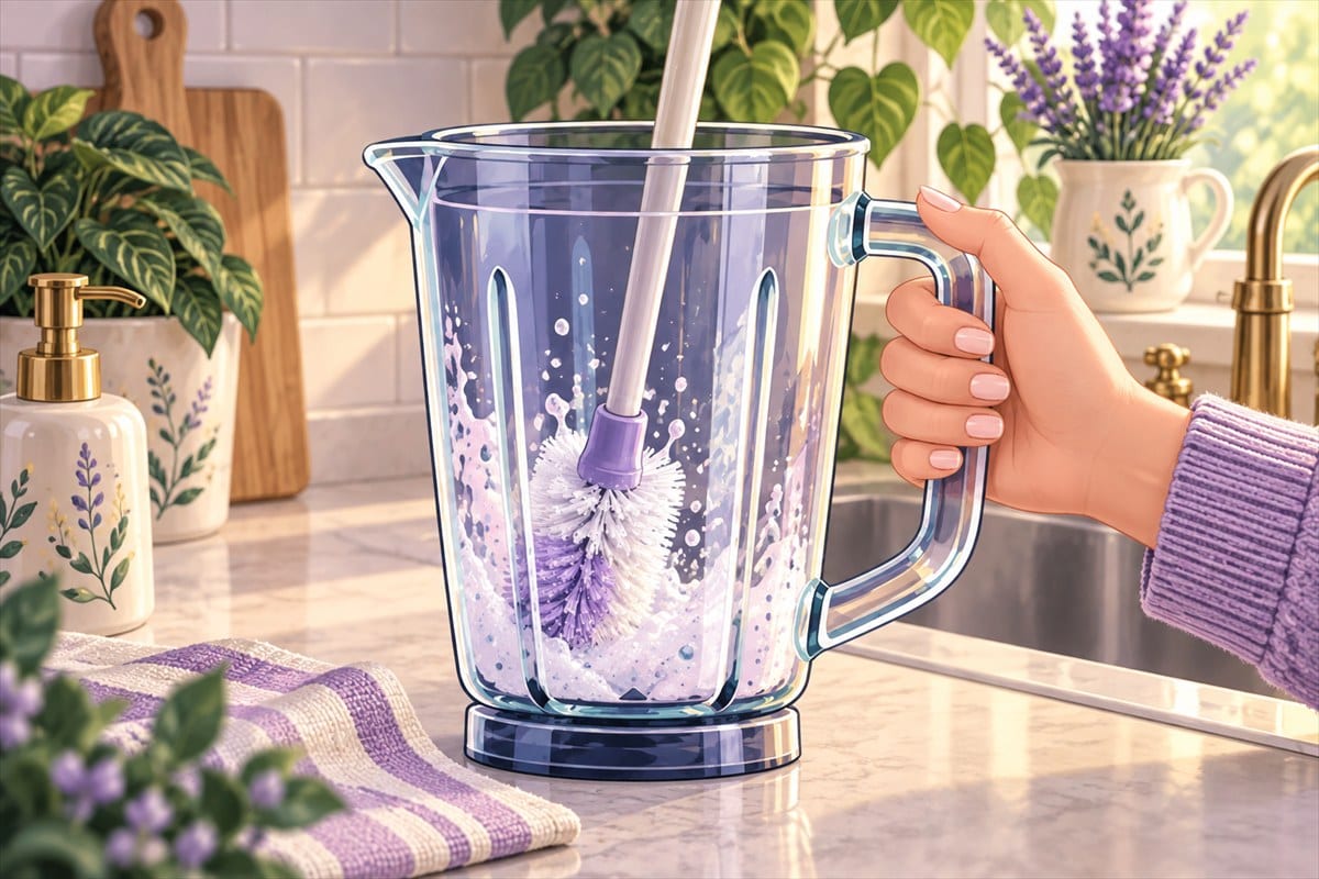 A long-handled brush scrubbing inside a blender jar, with the jar steady by its handle.