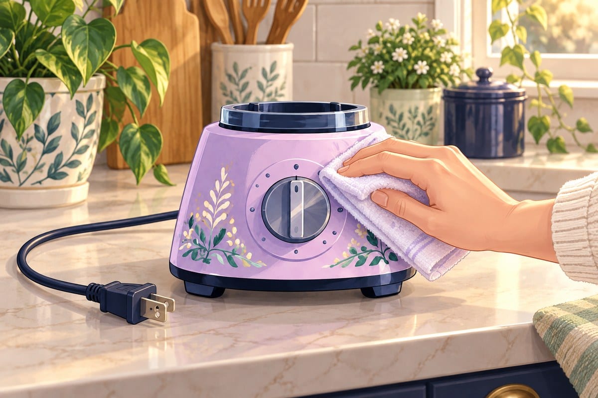 An unplugged blender base, its cord and plug lying on the counter, being wiped around the dial with a damp cloth.
