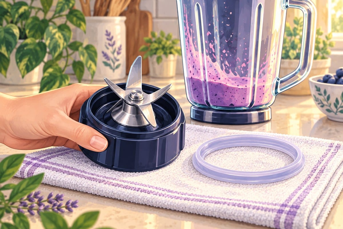 A blender blade piece resting by its base on a dish towel, with the rubber sealing ring beside it.