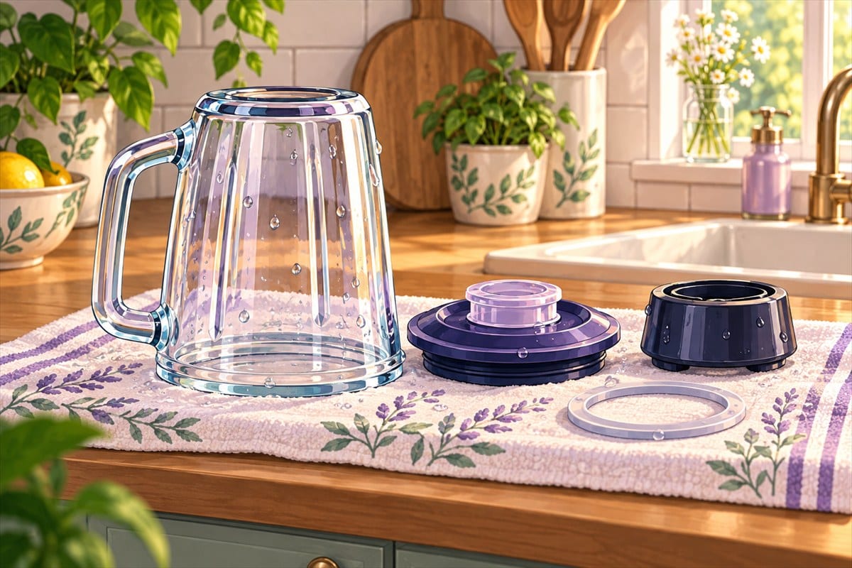 The blender jar, lid, blade piece and rubber ring laid out side by side on a towel to dry.