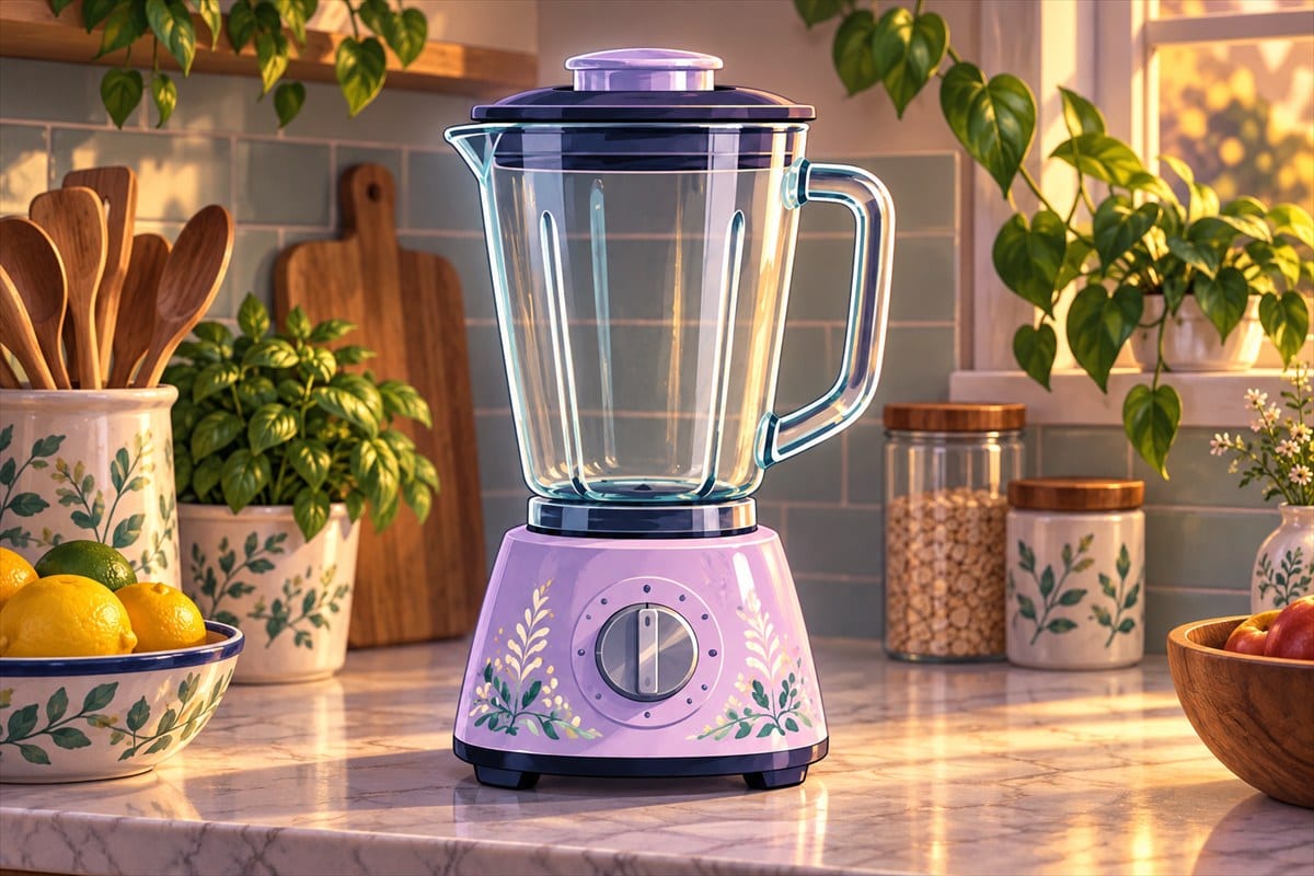 A clean, empty lavender blender back on a marble kitchen counter, ready to use.