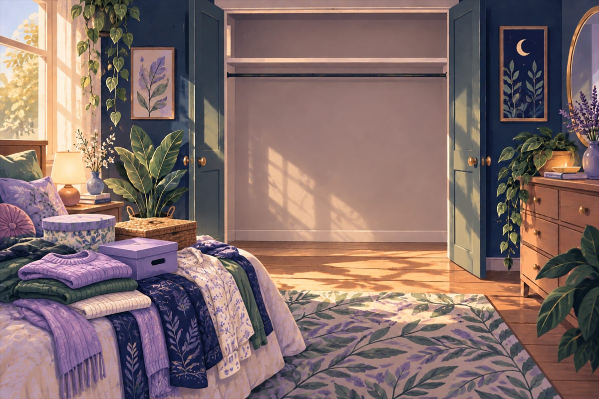 A bedroom closet emptied of everything, with the clothes and boxes piled on the bed nearby.