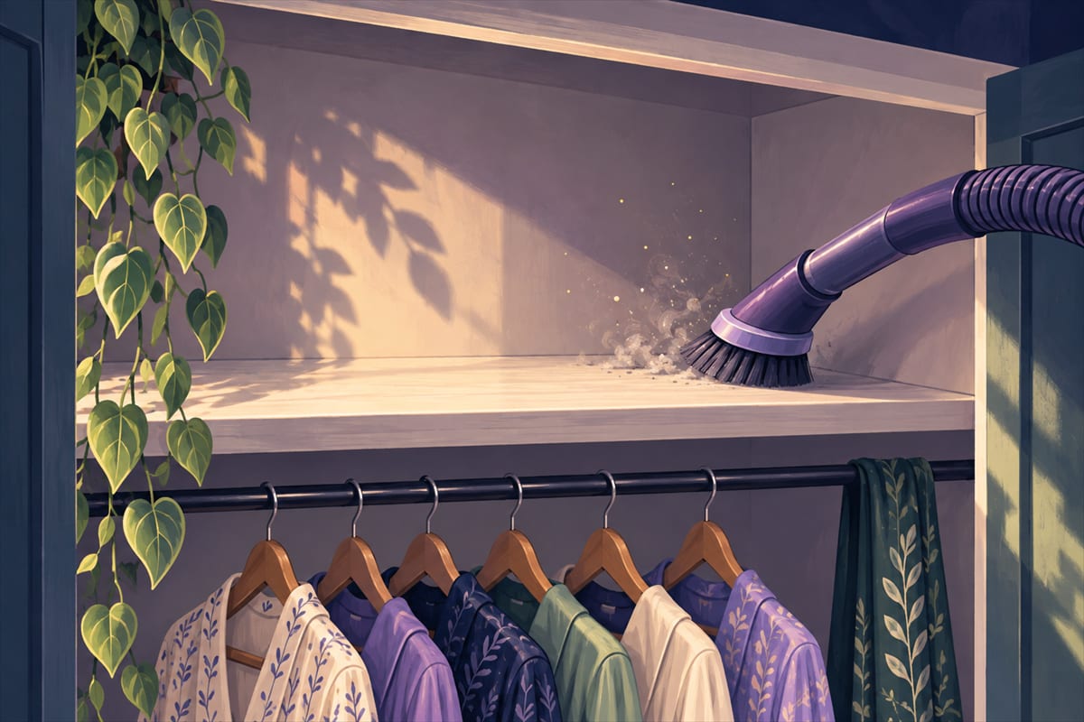 A soft brush attachment moving along an empty closet shelf.