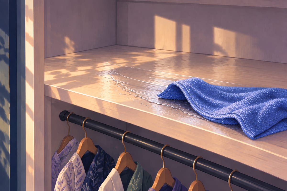A damp cloth wiping an empty closet shelf.