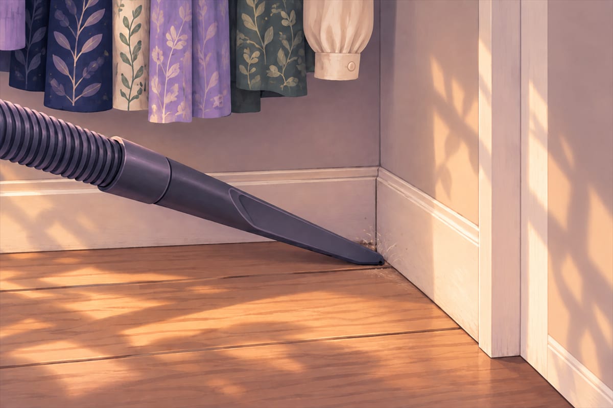 A vacuum crevice tool running along the baseboard inside an empty closet.