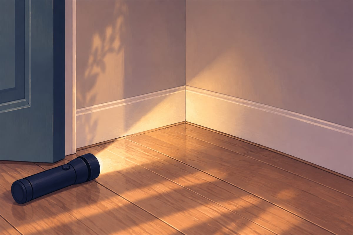 A flashlight lighting the lower corner of an empty closet wall.