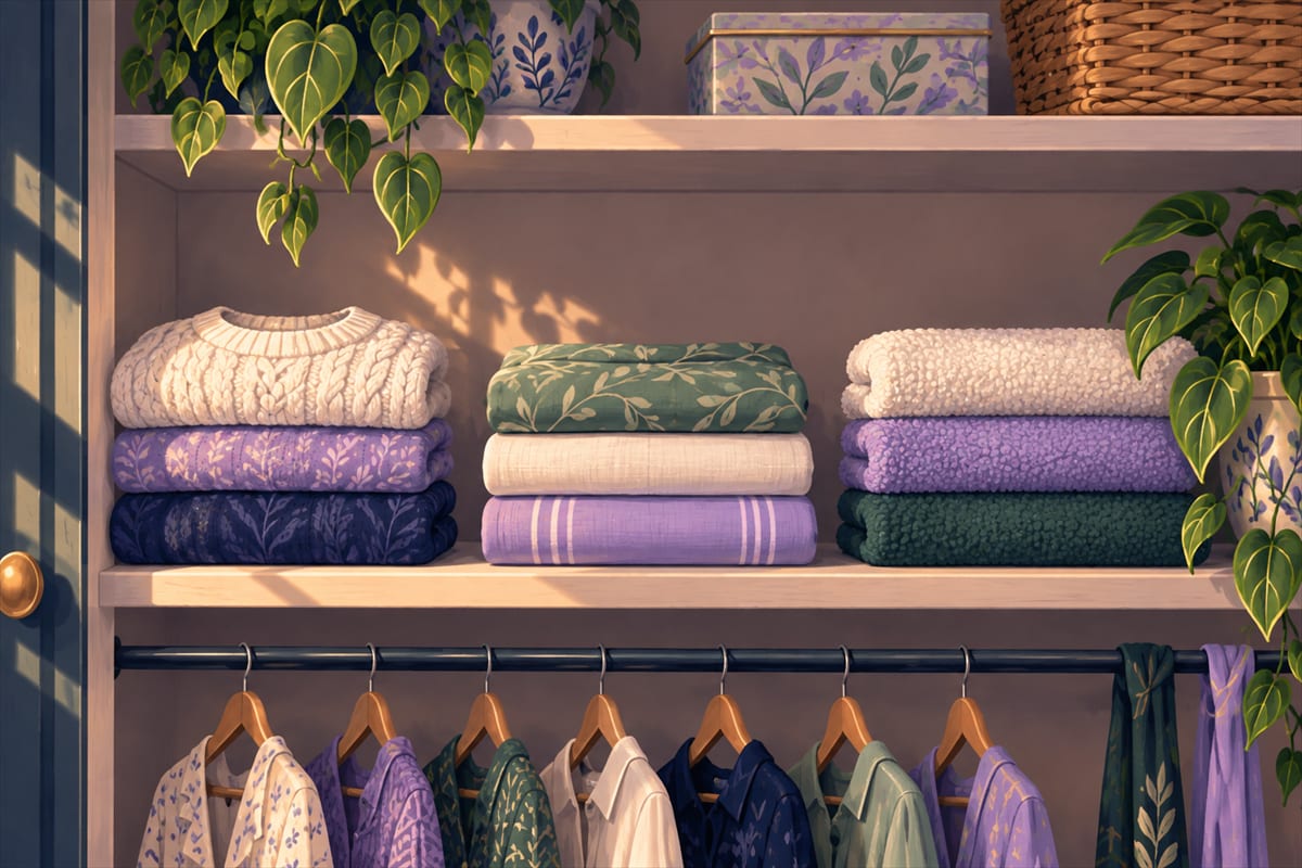 A neatly refilled closet shelf, with small gaps between folded items.