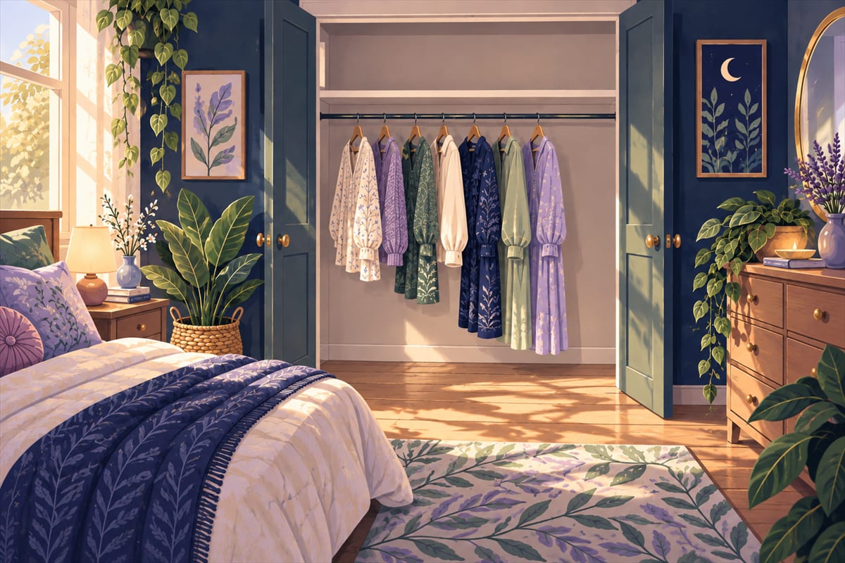 A neat, open closet in soft daylight.