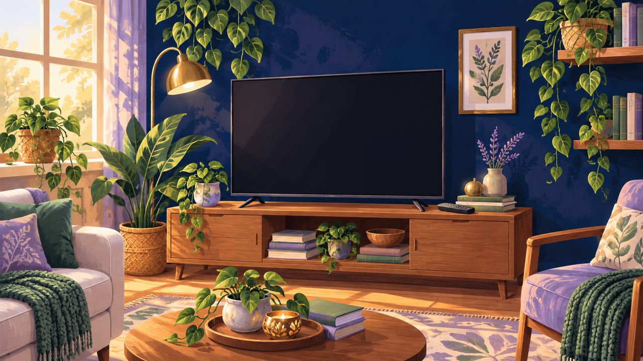 A clean, dark TV screen in a tidy living room, remote resting nearby.