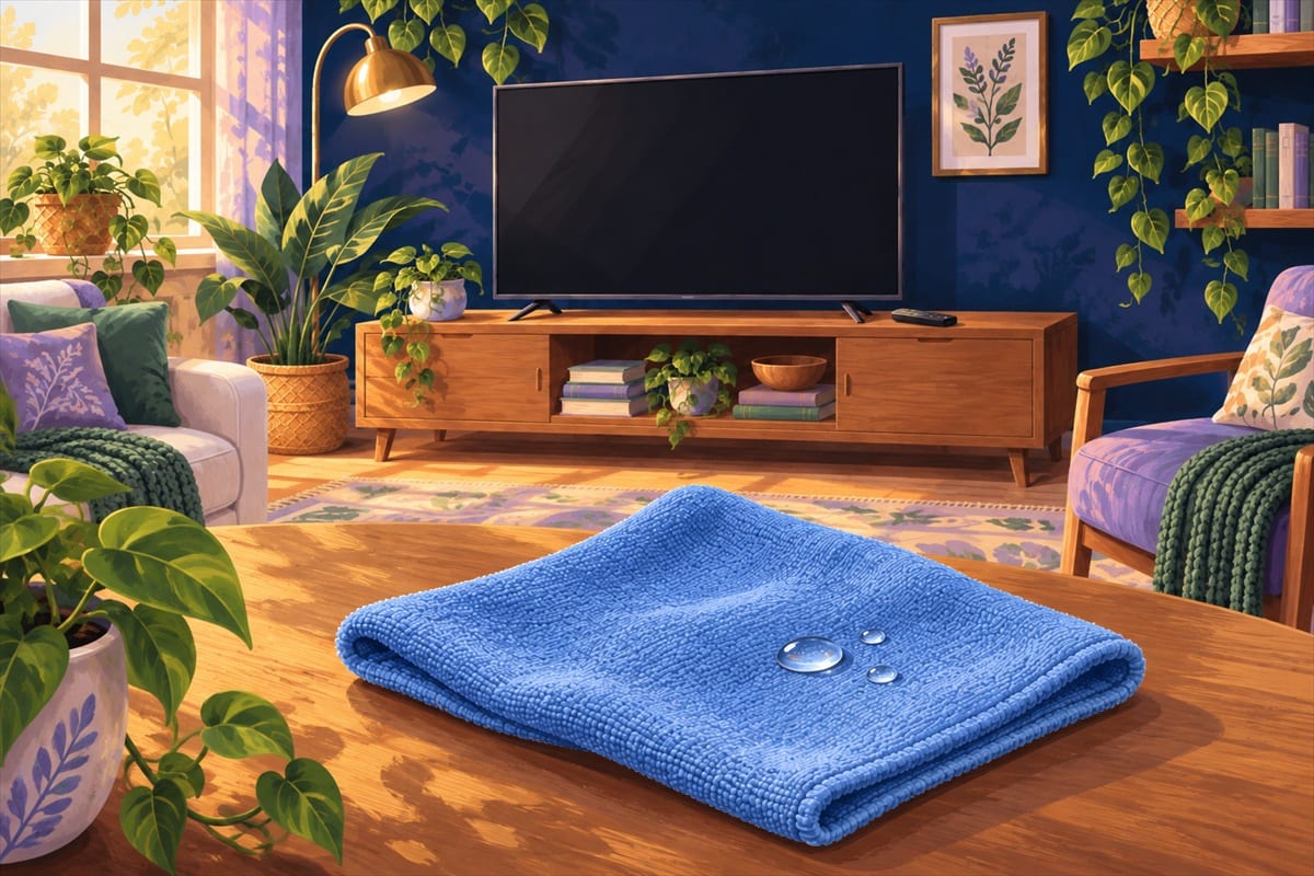 A microfiber cloth being lightly dampened with water, held away from the TV.