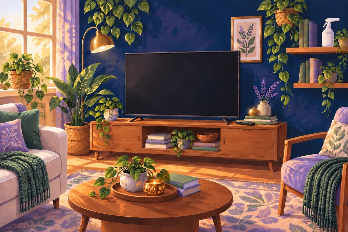 A spray bottle of window cleaner set aside on a shelf, away from the TV.