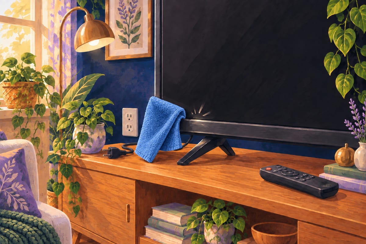 A cloth wiping the plastic case of a TV, and a remote control resting nearby.