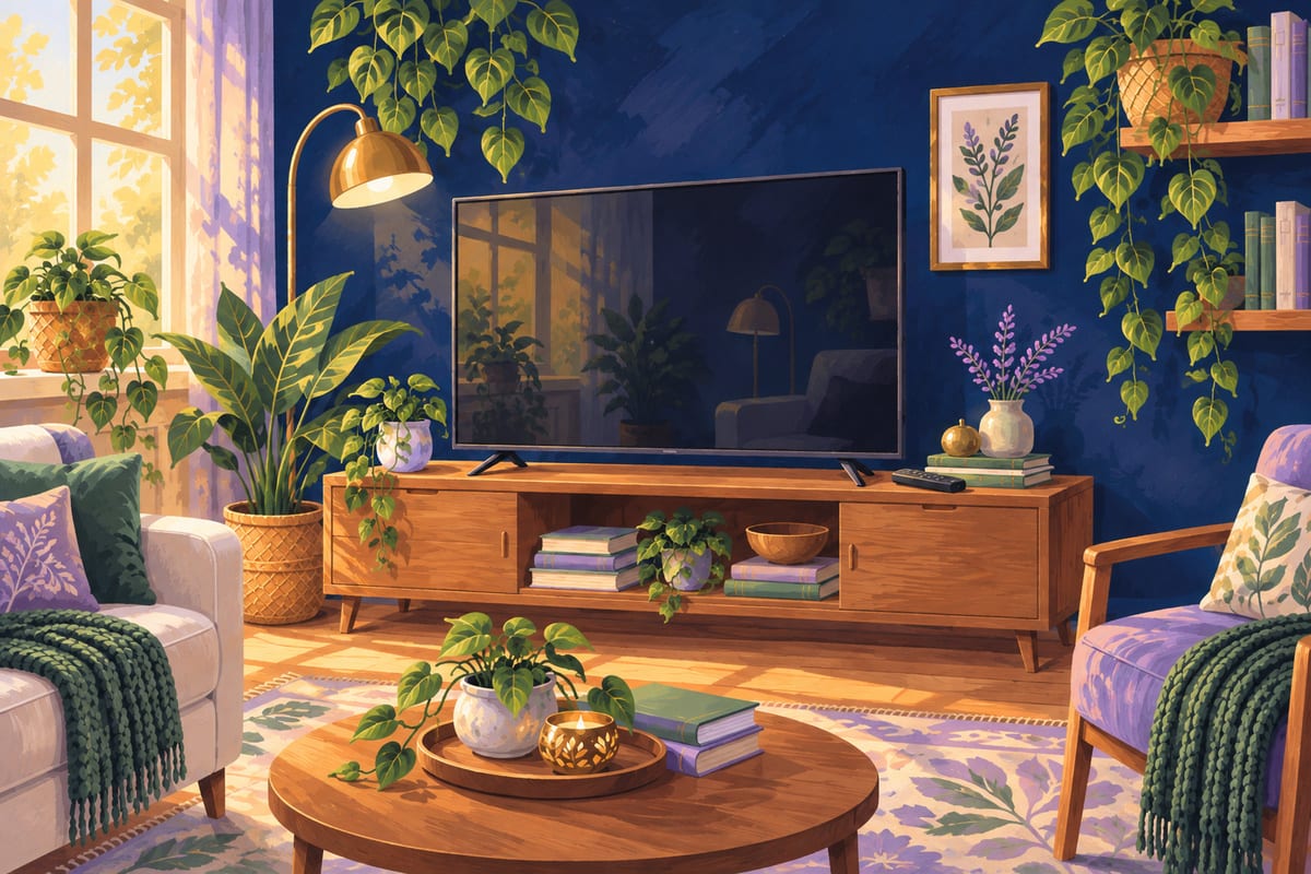 A clean TV screen reflecting a bright room, remote resting on the table nearby.
