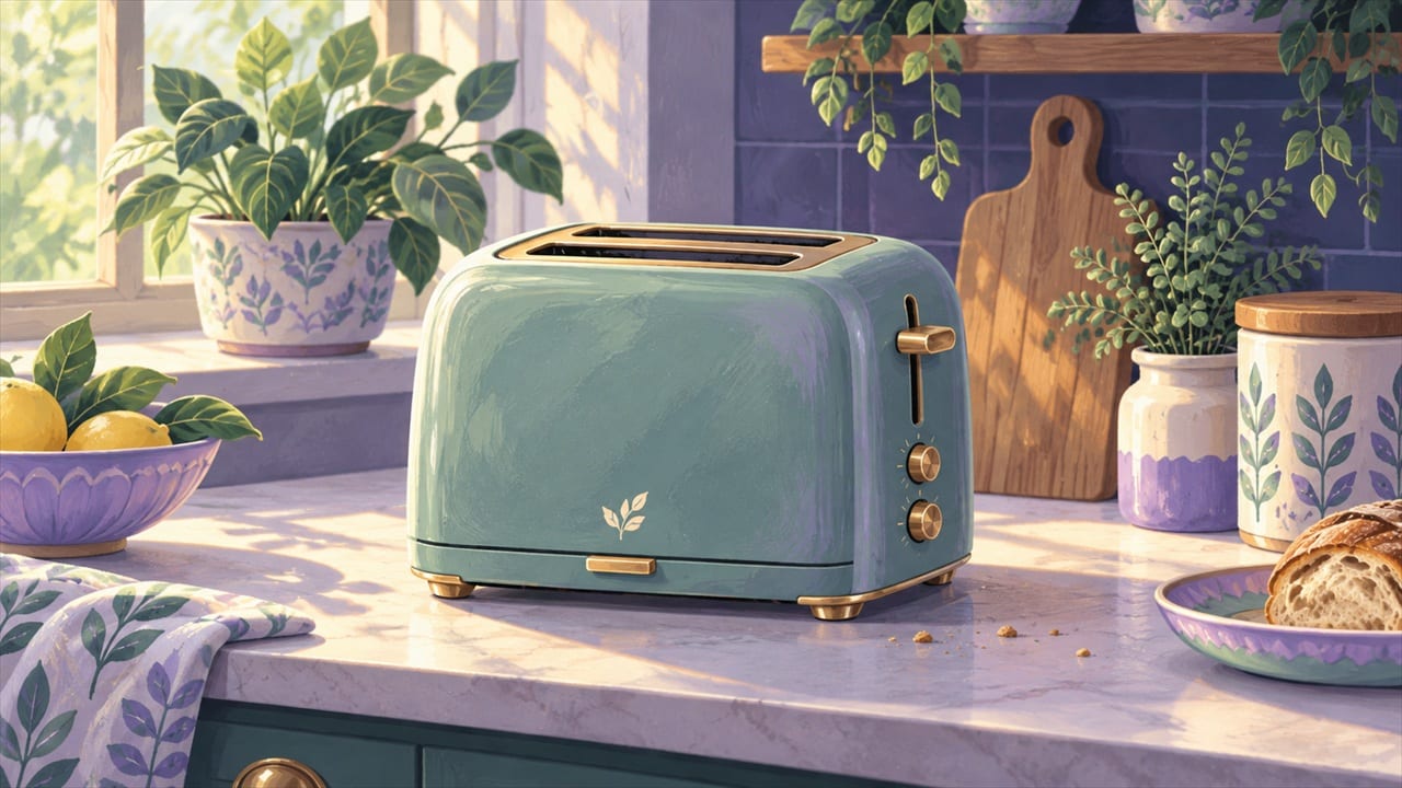 A sage green toaster with gold trim on a sunny marble kitchen counter, a few crumbs beside it, with lemons, plants and a loaf of bread nearby.