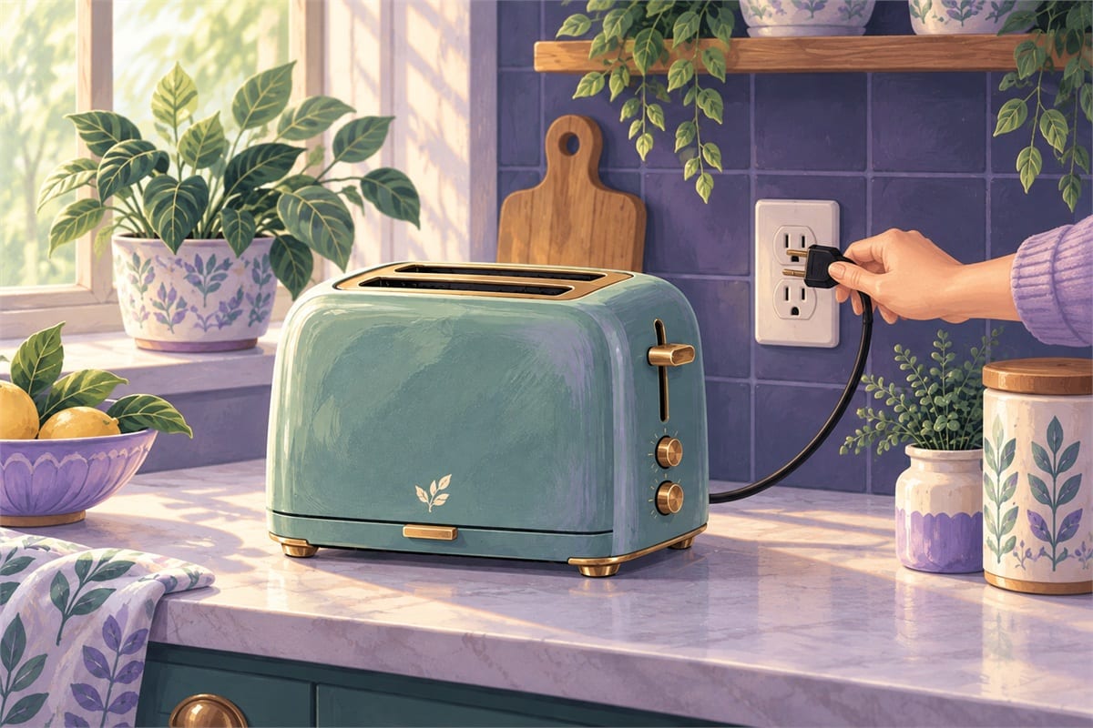 A toaster plug being pulled from a wall outlet.