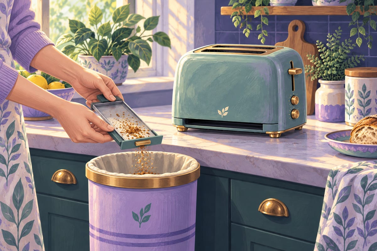 Crumbs tipped from the toaster's pulled-out crumb tray into a lavender trash can.