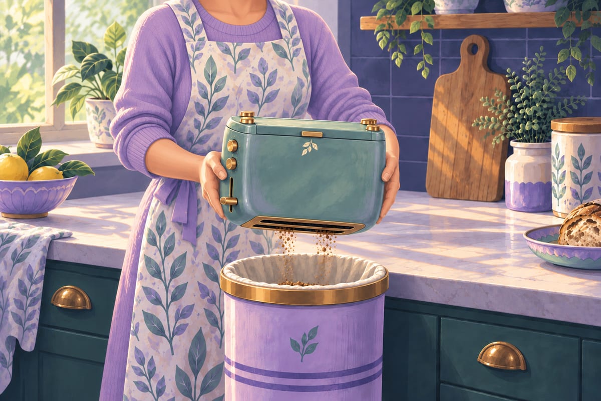 A toaster held upside down over a trash can as crumbs fall out.