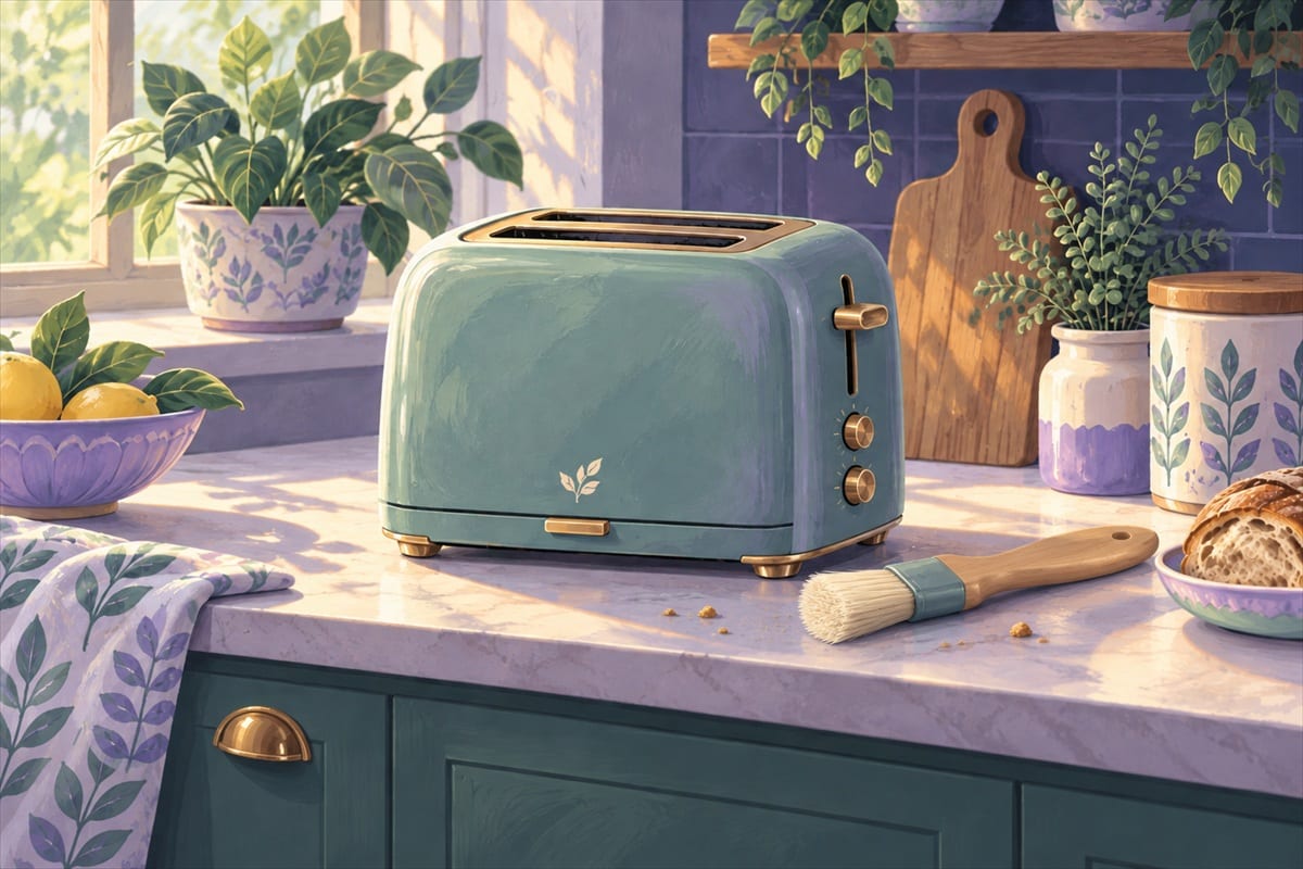 A dry, soft pastry brush lying on the counter beside the toaster.