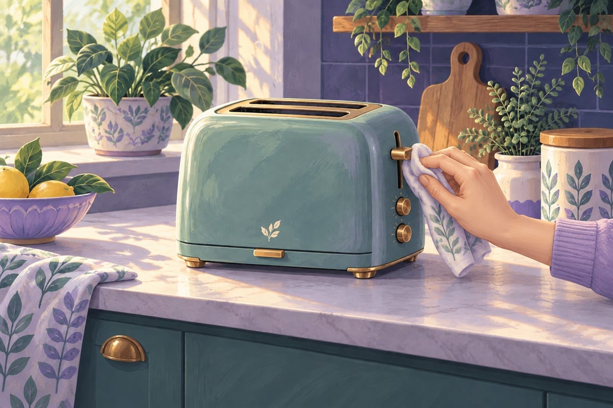 The toaster's lever being wiped with a damp cloth.