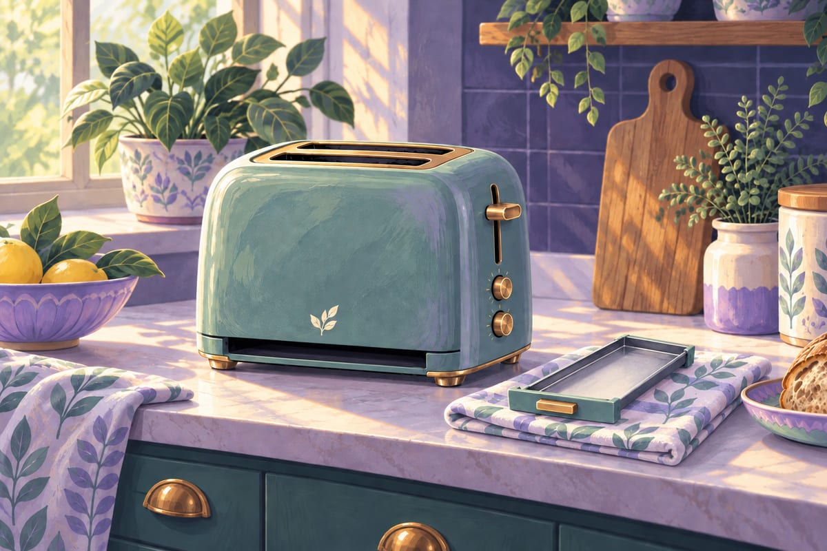 The empty crumb tray drying on a folded dish towel beside the toaster.