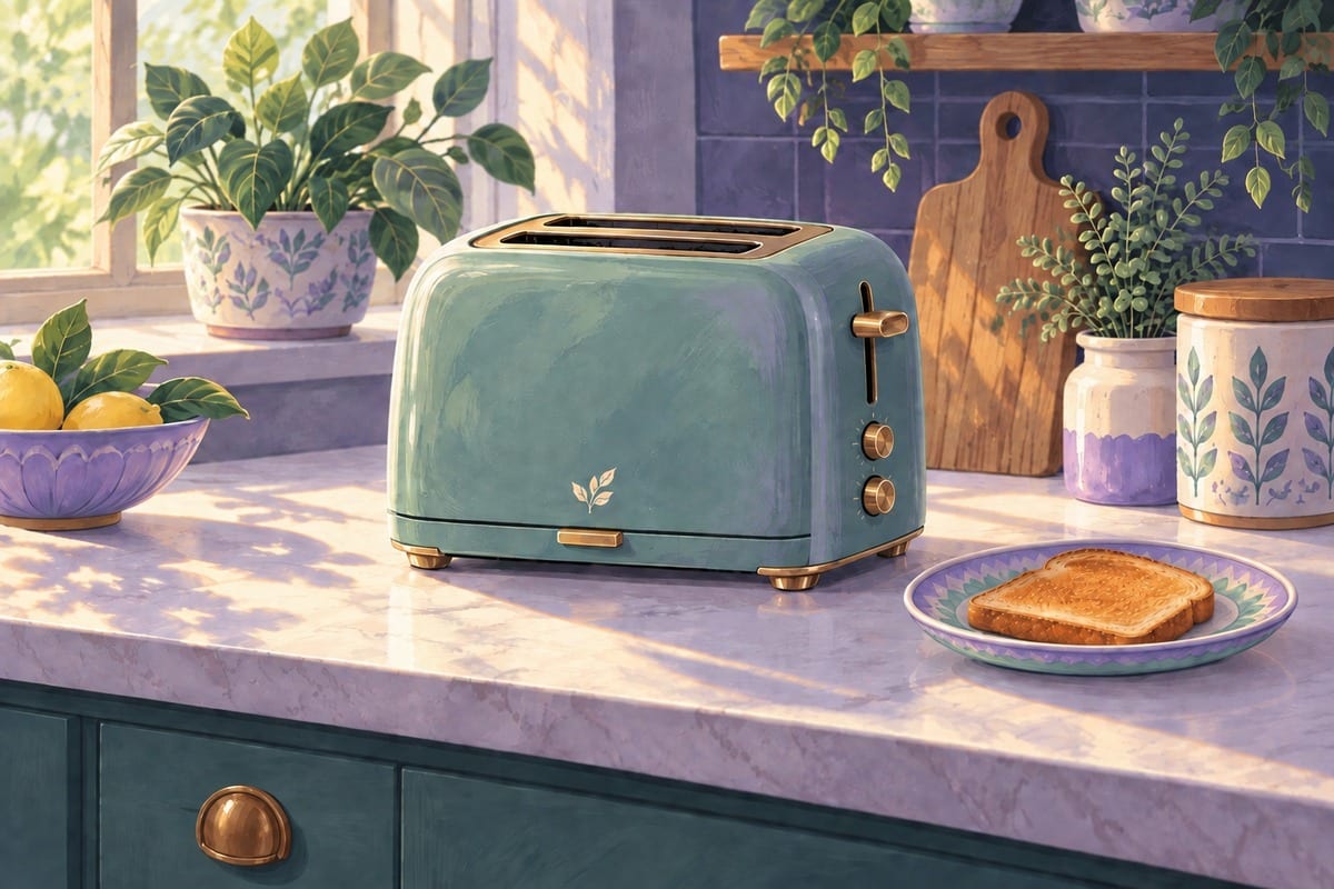 The clean toaster back in its place on the counter, with a slice of toast on a plate beside it.
