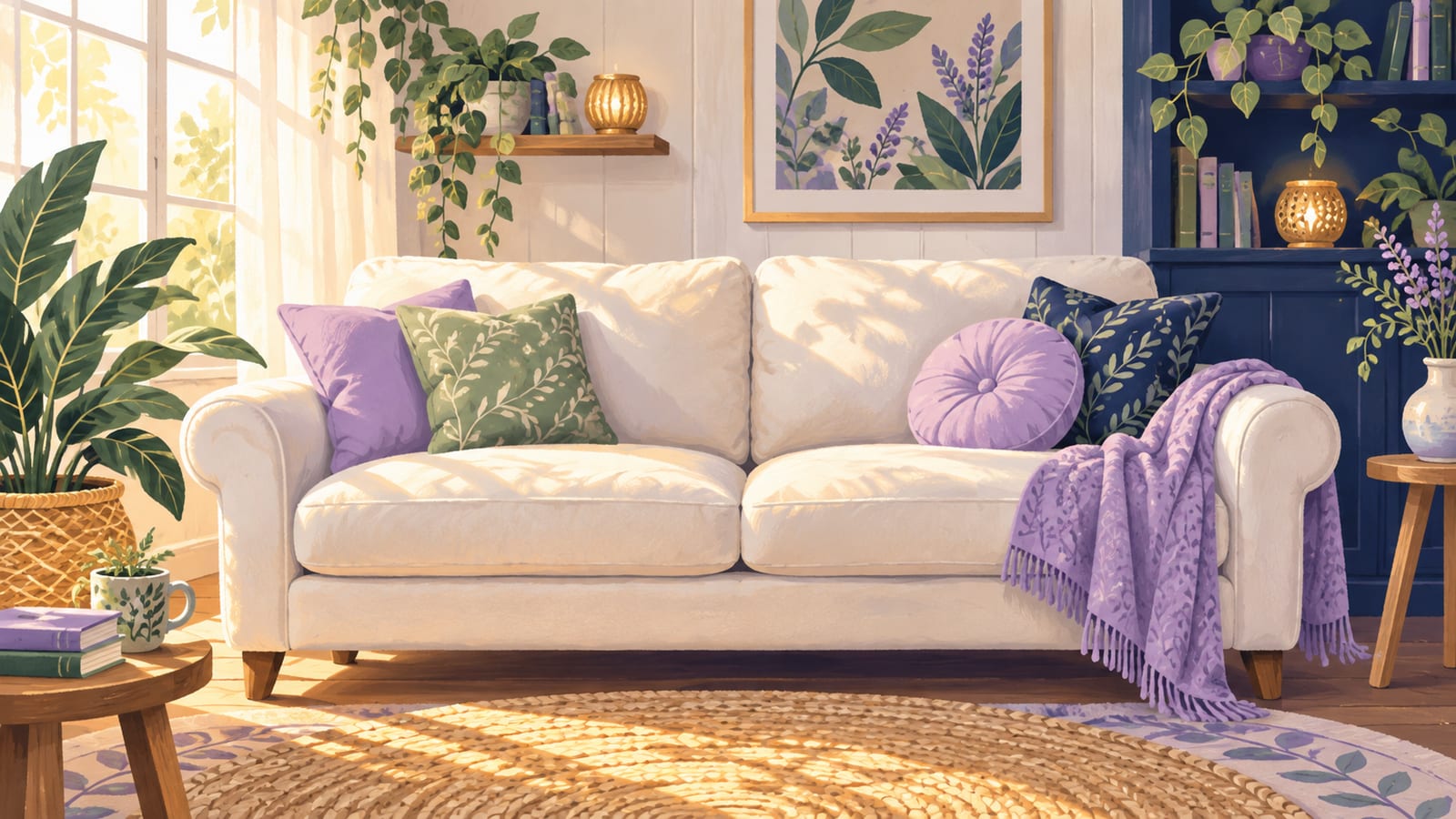 Clean cream sofa with pillows and a throw in a bright living room.