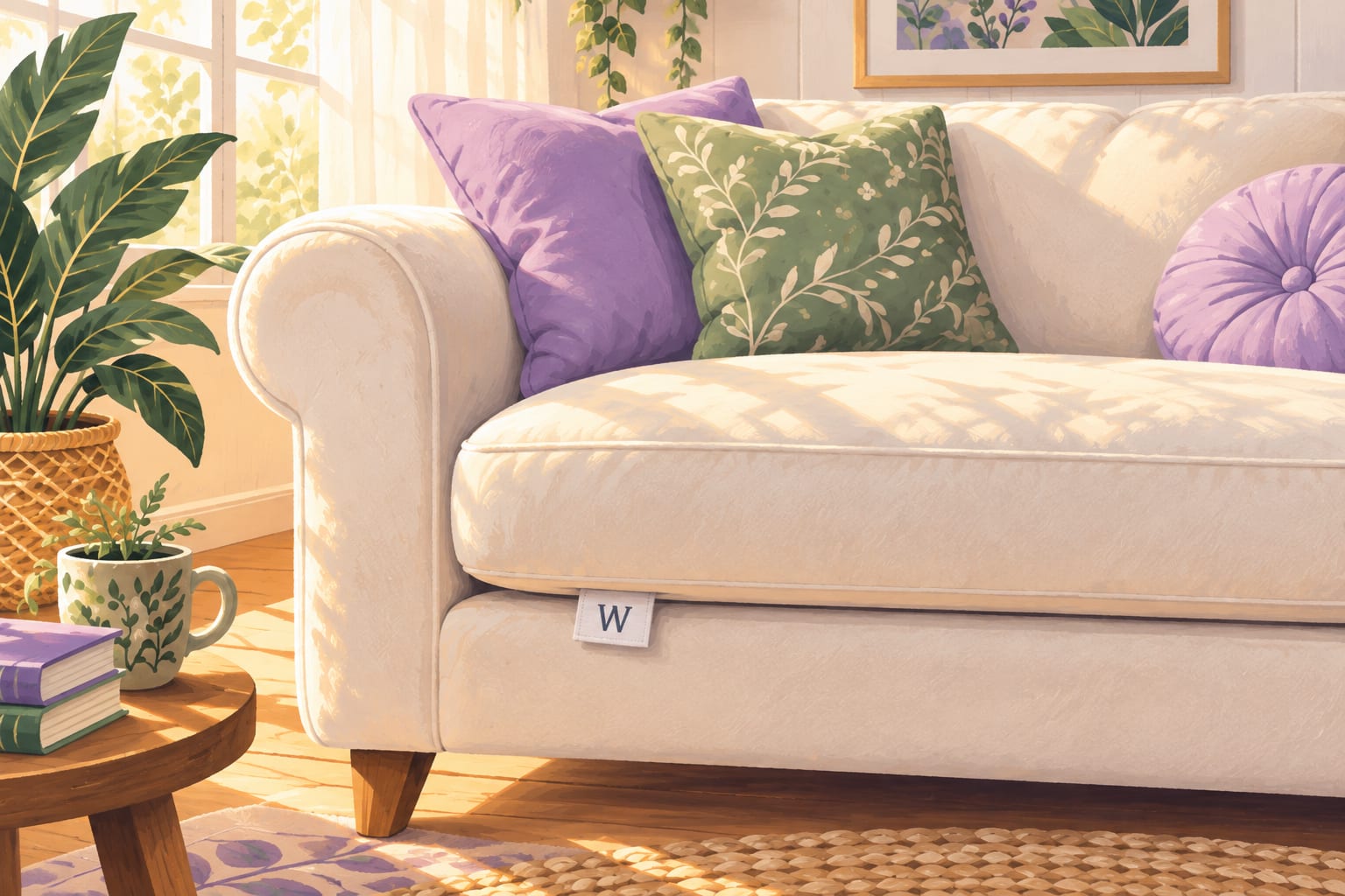 Small sofa care tag marked “W” beneath a cushion.