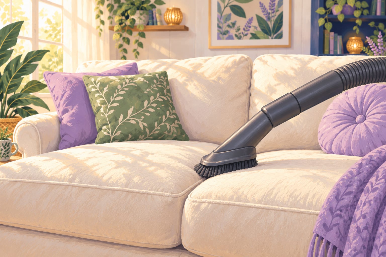 Vacuum upholstery brush against a sofa cushion seam.