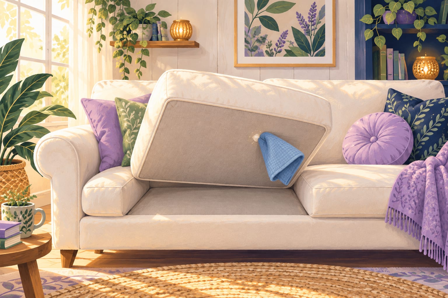 Blue cloth near the lifted underside of a sofa cushion.