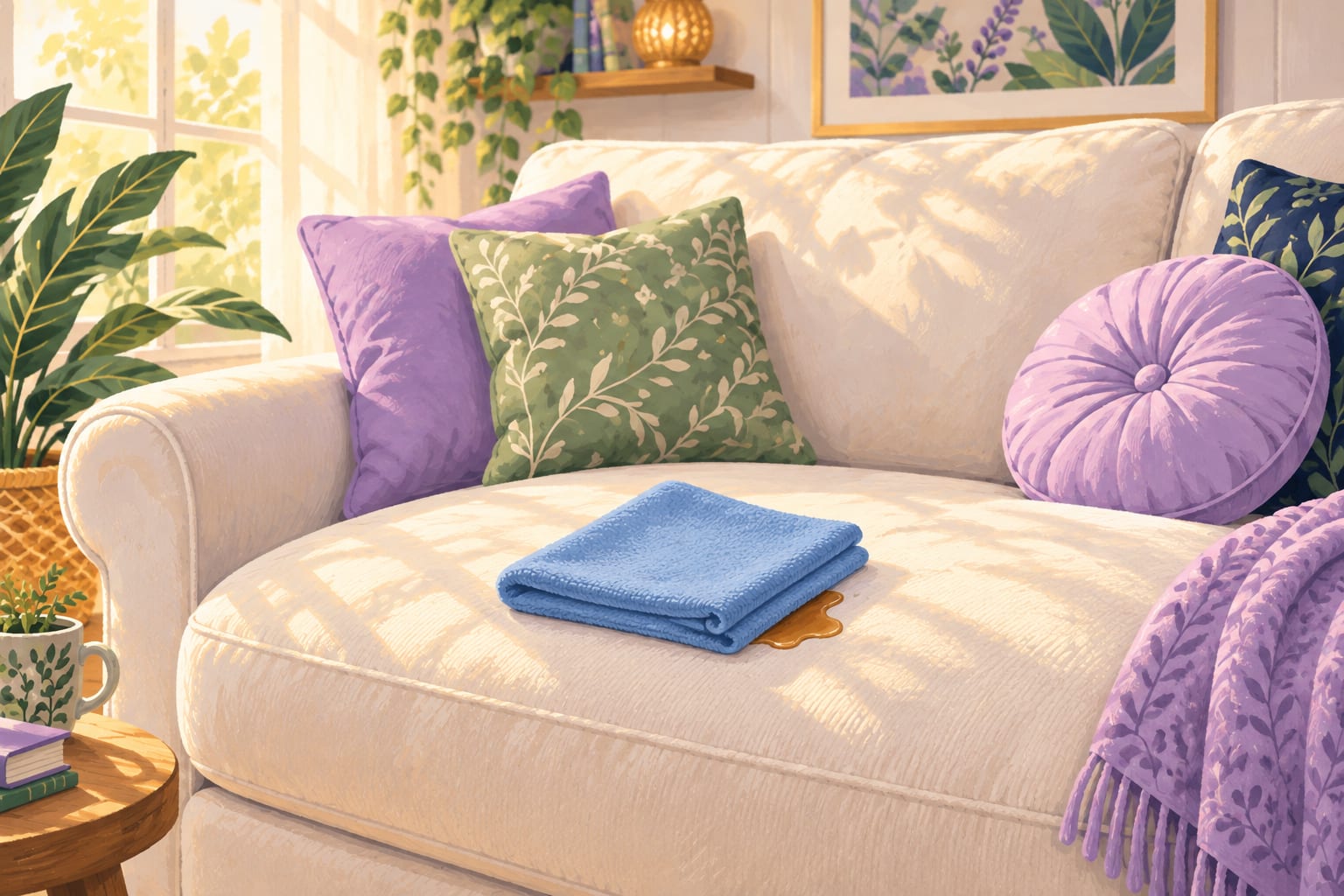 Blue cloth resting on a brown spill on a sofa cushion.