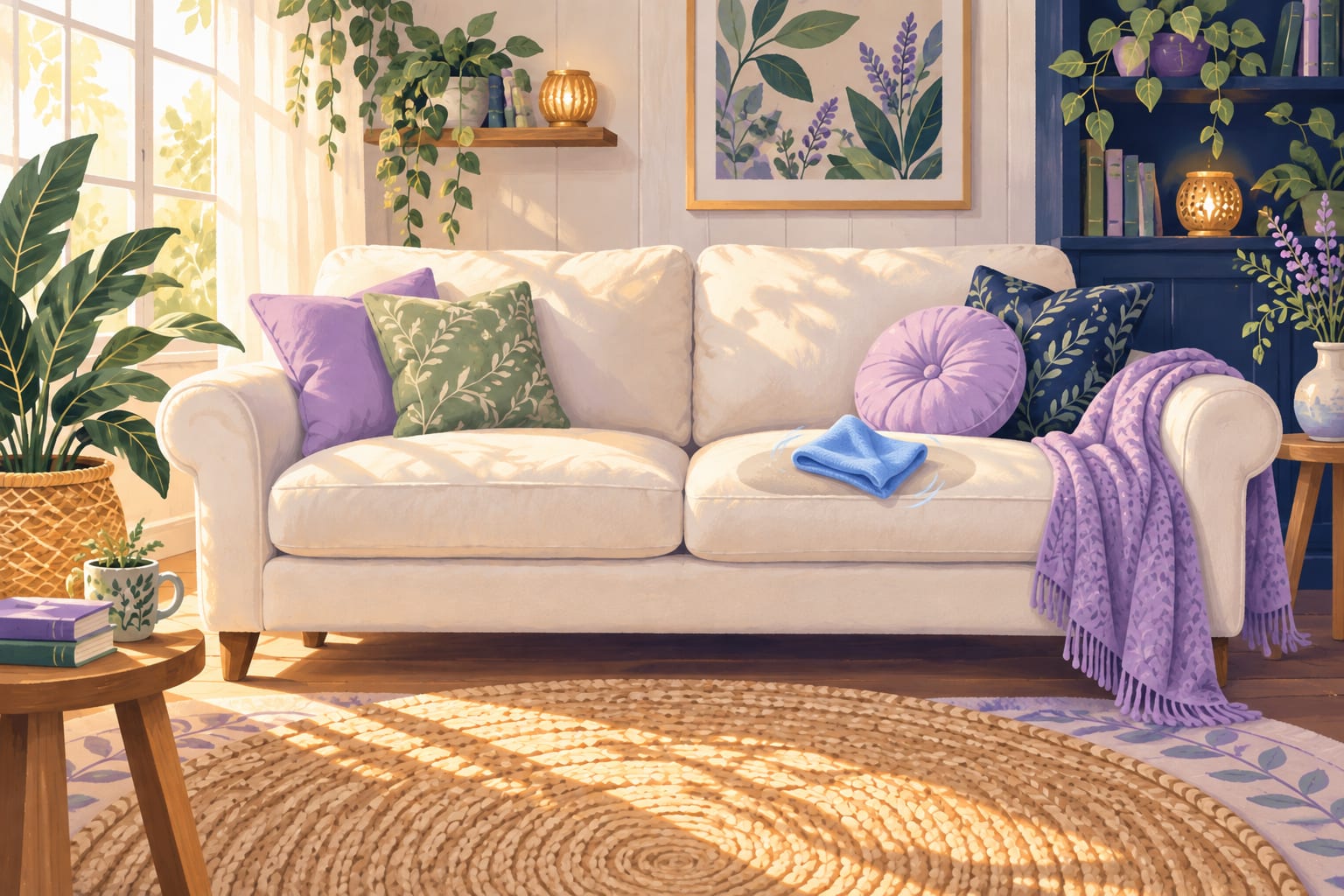 Folded blue cloth on one section of a sofa cushion.