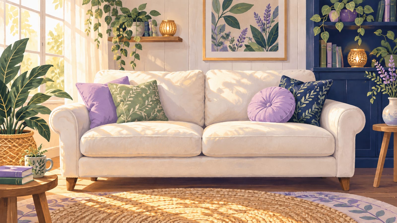 Clean cream sofa with plump cushions, pillows, and a throw.